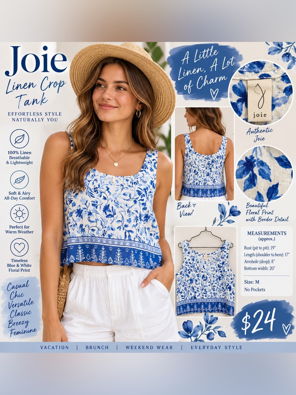 Joie White and Blue Floral Tank Top